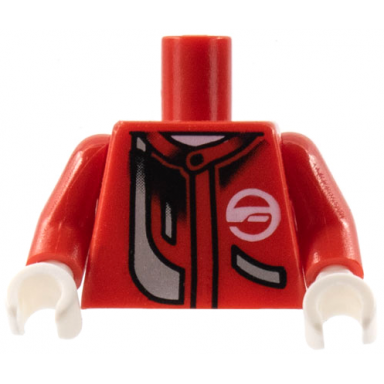 red torso racers jacket with white logo and silver stripe pattern red arms white hands