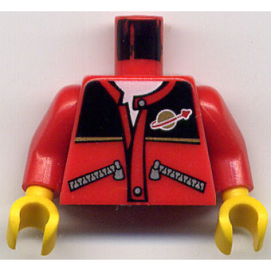 red torso jacket with zippers black top classic space logo white undershirt pattern red arms yellow hands