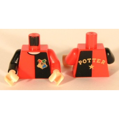 red torso shirt with black left half hogwarts emblem and gold potter and star on back light nougat neck pattern red arm left black arm right light nougat hands