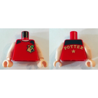red torso shirt with black shoulders hogwarts emblem and gold potter and star on back light nougat neck pattern light nougat arms light nougat hands