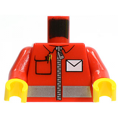 red torso jacket with silver reflective stripe and zipper pen in pocket and white envelope pattern red arms yellow hands
