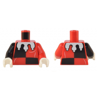 red torso black quarters white folds and jesters collar rounded pattern red arm left black arm right white hands
