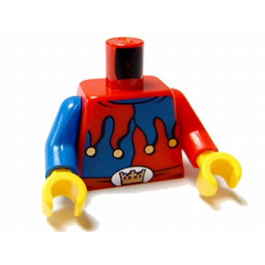 red torso castle fantasy era red and blue jesters collar crown on buckle pattern red arm left blue arm right yellow hands