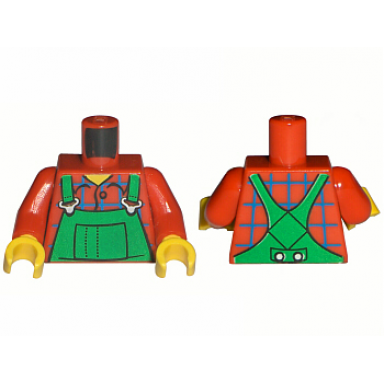 red torso overalls green farmer blue windowpane check shirt - printed back pattern red arms yellow hands