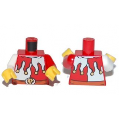red torso jester costume with white panels and gold bells dark orange belt with silver buckle with lion head pattern red arm left white arm right yellow hands