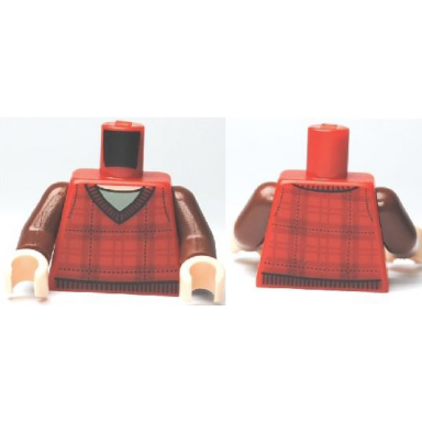 red torso plaid sweater with v-neck collar and dark red lines over light bluish gray shirt light nougat neck pattern reddish brown arms light nougat hands