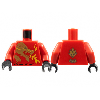 red torso ninjago gold dragon head and flames front and kai back pattern red arms black hands