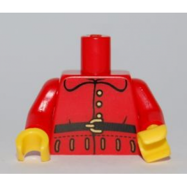 red torso rounded collar three gold buttons and black belt with buckle pattern red arms yellow hands