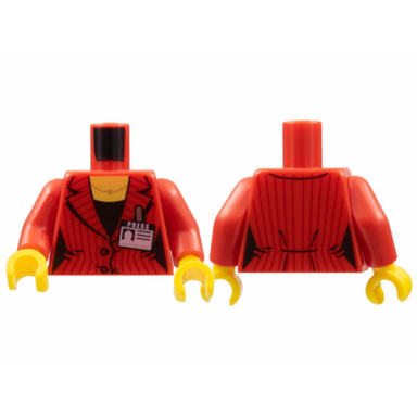 red torso female suit jacket with pinstripes and buttons gold necklace black shirt and press pass badge pattern red arms yellow hands