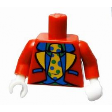 red torso jacket with blue and yellow lapels blue vest green shirt and yellow tie with polka dots pattern clown suit red arms white hands