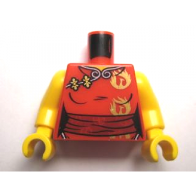 red torso female ninjago robe with dark red sash and gold phoenix pattern yellow arms yellow hands