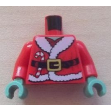 red torso santa jacket with fur black belt and candy cane pattern red arms sand green hands