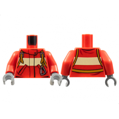 red torso fire suit with stripe and harness with carabiner pattern red arms dark bluish gray hands