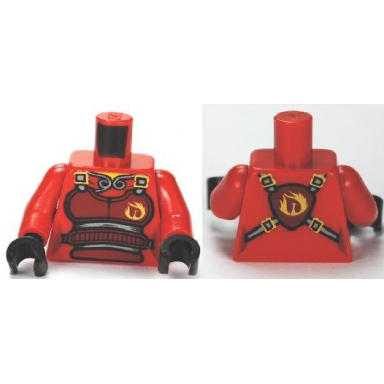 red torso ninjago brown armor with belts and flames pattern red arms black hands