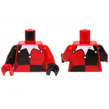 red torso female black quarters white jesters collar pointed pattern red arm left black arm right black hand left red hand right
