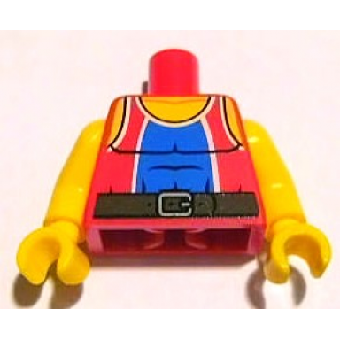 red torso tank top with blue center panel and black belt pattern yellow arms yellow hands