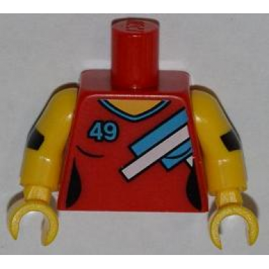 red torso v-neck female with 3 blue and white stripes and blue 49 pattern yellow arms with elbow pads yellow hands