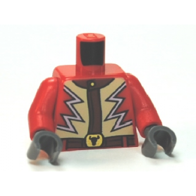 red torso jacket with lightning zigzag and steer bulls head belt buckle pattern red arms dark bluish gray hands
