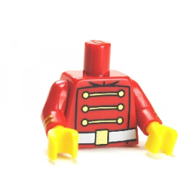 red torso toy soldier uniform with 3 gold chains 6 buttons and white belt with gold buckle pattern red arms with gold stripes pattern yellow hands