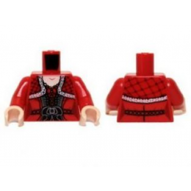 red torso dress with black belt ruffles and lace shawl pattern red arms light nougat hands