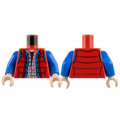 red torso puffy vest open with buttons over blue jacket white plaid shirt and dark red undershirt light nougat neck pattern blue arms light nougat hands
