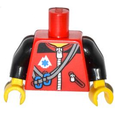 red torso zipper jacket with ropes blue carabiners and emt star of life pattern black arms yellow hands