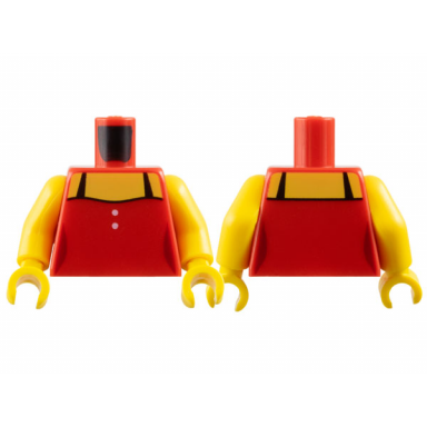 red torso female top with 2 white buttons and black straps yellow neck and shoulders pattern yellow arms yellow hands