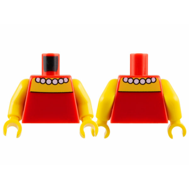 red torso simpsons strapless dress white beaded necklace yellow neck and shoulders pattern yellow arms yellow hands