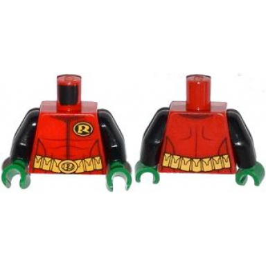 red torso batman r symbol muscles outline and belt with pockets pattern black arms green hands