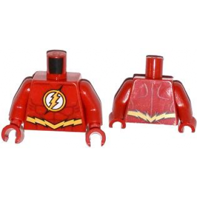 red torso super hero costume yellow lightning bolt in circle logo dark red muscles outline jagged belt pattern the flash red arms red hands