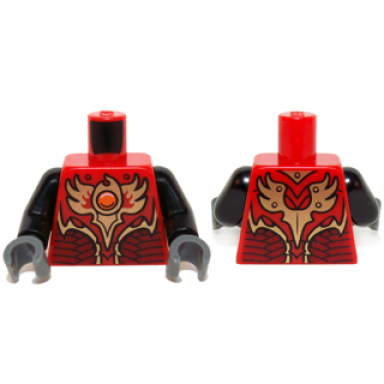 red torso vest with dark red and gold armor with scales and orange round jewel fire chi pattern black arms dark bluish gray hands