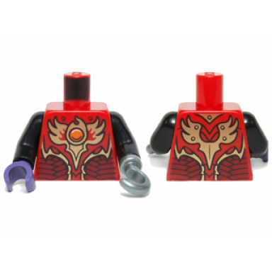 red torso vest with dark red and gold armor with scales and orange round jewel fire chi pattern black arms dark purple hand right flat silver hook left