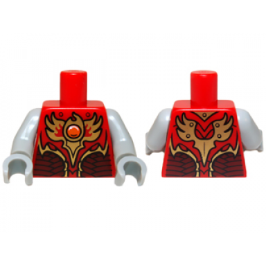 red torso vest with dark red and gold armor with scales and orange round jewel fire chi pattern light bluish gray arms light bluish gray hands