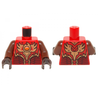 red torso vest with dark red and gold armor with scales and orange round jewel fire chi pattern reddish brown arms dark brown hands