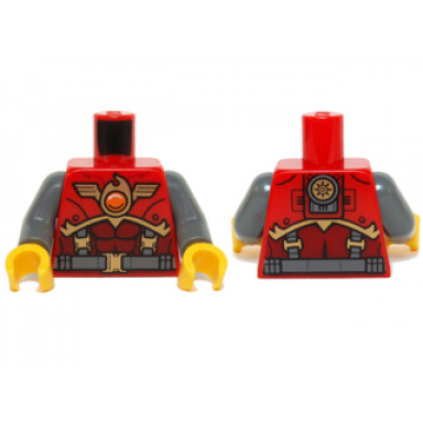 red torso vest with belt suspenders and fire chi emblem pattern dark bluish gray arms yellow hands
