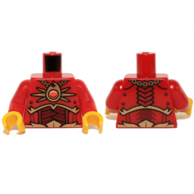 red torso dark red and gold armor and necklace with orange round jewel fire chi pattern red arms yellow hands