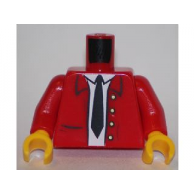 red torso jacket open with white shirt black tie and 4 buttons pattern red arms yellow hands
