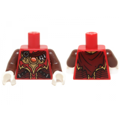 red torso vest with dark red and gold armor with black straps scales fire chi emblem and cape with buckle pattern reddish brown arms white hands