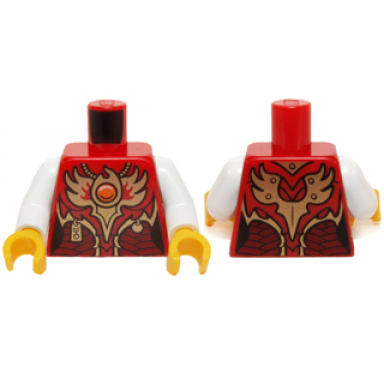 red torso female vest with dark red and gold armor with pendants scales and orange round jewel fire chi emblem pattern white arms yellow hands