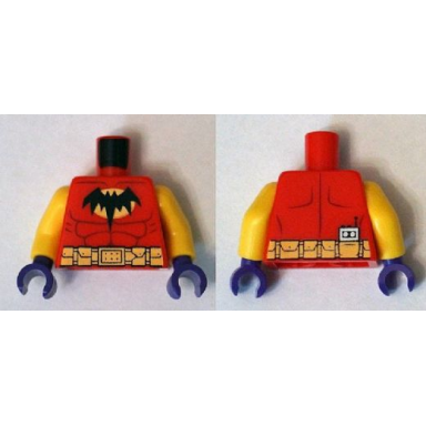red torso batman logo on light orange oval with muscles and gold belt front and back pattern yellow arms dark purple hands