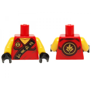red torso ninjago robe with gold asian characters on black sash and kai power emblem pattern yellow arms black hands