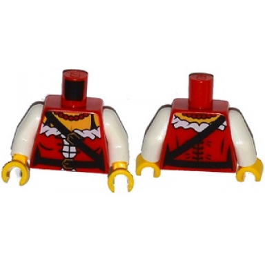 red torso female pirate corset with white trim bead necklace black belts with gold buckles yellow chest pattern white arms yellow hands