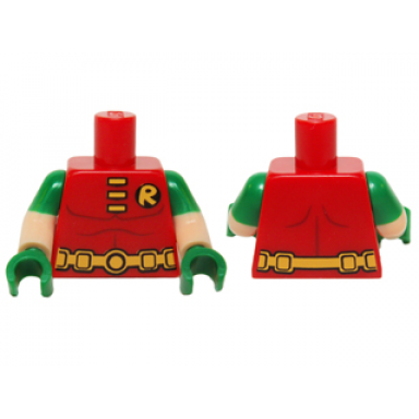 red torso batman r symbol muscles outline 3 yellow clasps and utility belt pattern light nougat arms with molded green short sleeves pattern green hands