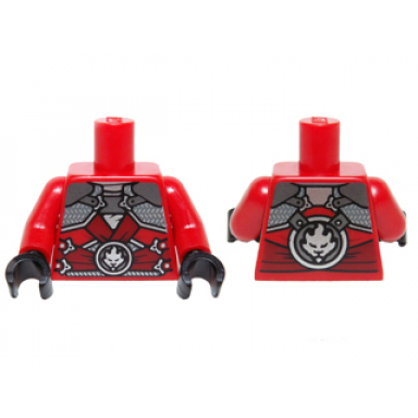 red torso ninjago dark red straps silver armor clasps and round emblem pattern red arms black hands