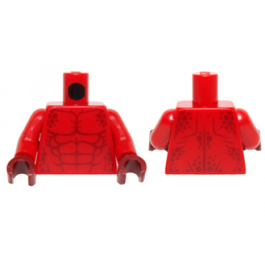 red torso bare chest with muscles and dark red spots pattern red arms dark red hands