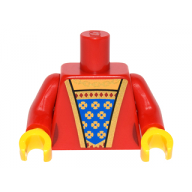 red torso female outline dress with blue and gold fabric gold trim and necklace pattern red arms yellow hands