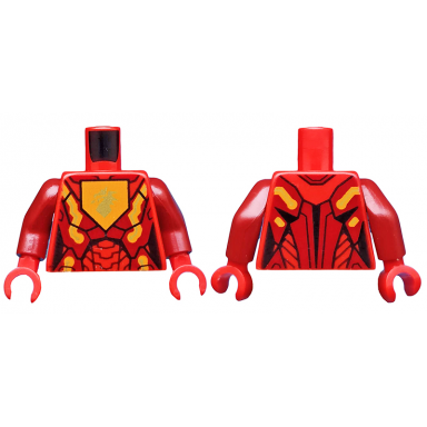 red torso nexo knights female armor with orange and gold circuitry and gold dragon head on orange pentagonal shield pattern dark red arms red hands