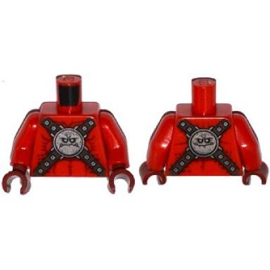 red torso nexo knights bare chest with silver circular chest armor with straps pattern red arms dark red hands