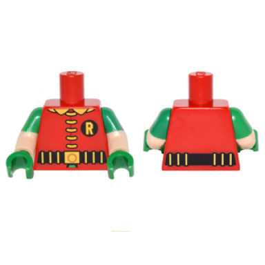 red torso batman r symbol 5 yellow clasps and collar black and gold belt pattern light nougat arms with molded green short sleeves pattern green hands