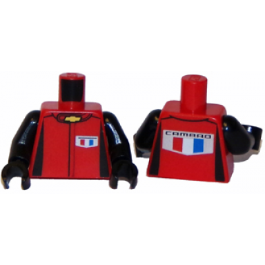 red torso racing suit with chevrolet logo on front and camaro on back pattern black arms black hands